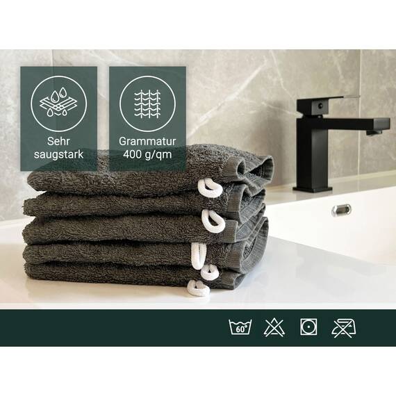 ZOLLNER 10er Set Waschhandschuhe in 16x21 cm - saugstarke und weiche Waschlappen in dunkelgrau - mit praktischem Aufhänger - waschbar bis 60°C - Baumwolle - Hotelqualität