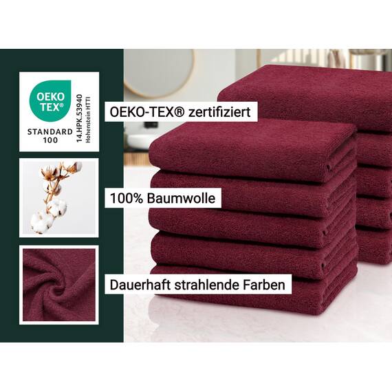 ZOLLNER 10er Set Handtücher in 50x100 cm - saugstarke und weiche Duschtücher in weinrot - mit praktischem Aufhänger - waschbar bis 60°C - Baumwolle - Hotelqualität