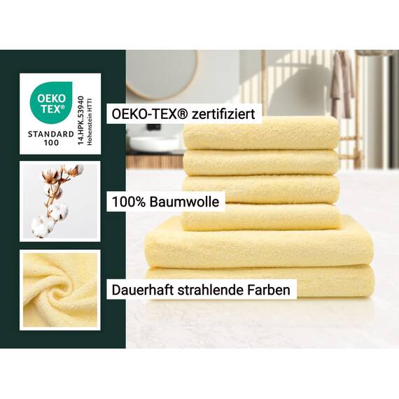 ZOLLNER Handtuch Set aus 4 Handtücher 50x100 cm & 2 Duschtücher 70x140 cm - saugstarke und weiche Tücher in gelb - mit praktischem Aufhänger - waschbar bis 60°C - Baumwolle - Hotelqualität