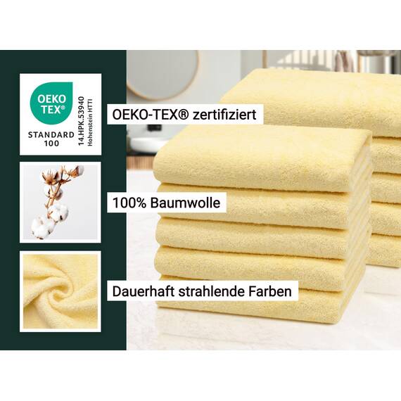 ZOLLNER 10er Set Handtücher in 50x100 cm - saugstarke und weiche Duschtücher in gelb - mit praktischem Aufhänger - waschbar bis 60°C - Baumwolle - Hotelqualität