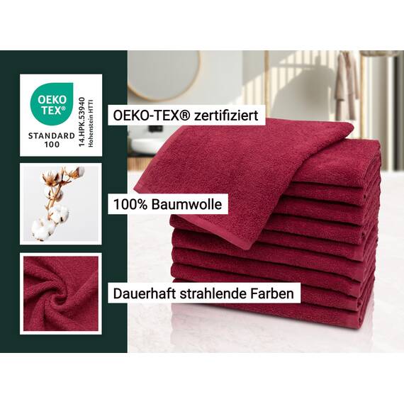 ZOLLNER 10er Set Gästehandtücher in 30x50 cm - saugstarke und weiche Gästetücher in weinrot - mit praktischem Aufhänger - waschbar bis 60°C - Baumwolle - Hotelqualität
