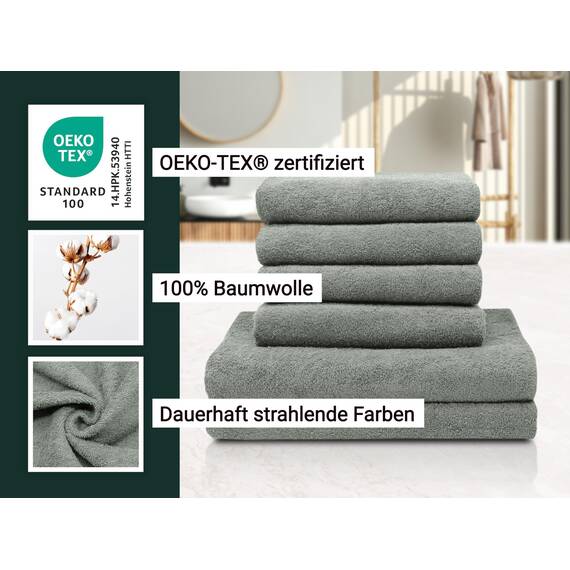 ZOLLNER Handtuch Set aus 4 Handtücher 50x100 cm & 2 Duschtücher 70x140 cm - saugstarke und weiche Tücher in hellgrau - mit praktischem Aufhänger - waschbar bis 60°C - Baumwolle - Hotelqualität