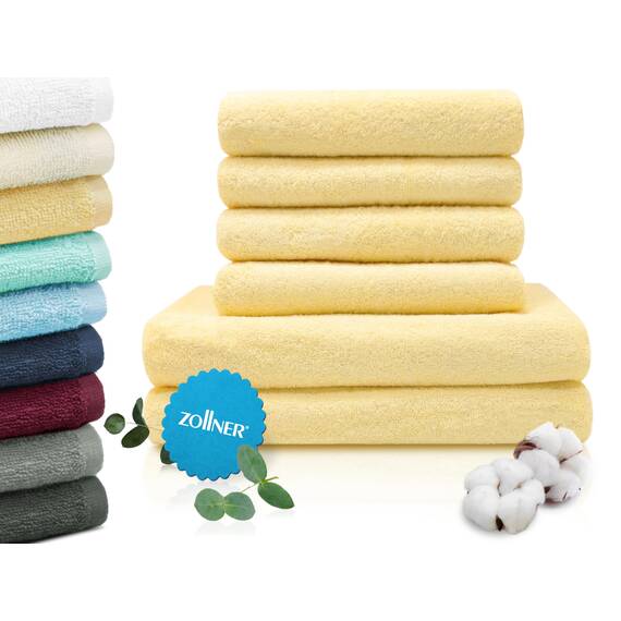 ZOLLNER Handtuch Set aus 4 Handtücher 50x100 cm & 2 Duschtücher 70x140 cm - saugstarke und weiche Tücher in gelb - mit praktischem Aufhänger - waschbar bis 60°C - Baumwolle - Hotelqualität