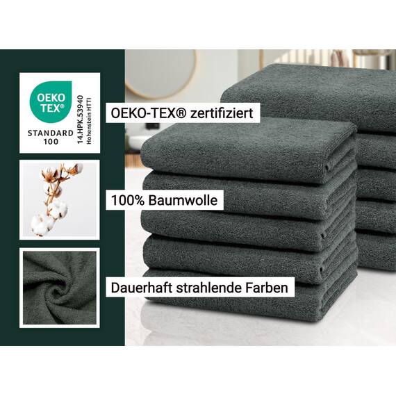 ZOLLNER 10er Set Handtücher in 50x100 cm - saugstarke und weiche Duschtücher in dunkelgrau - mit praktischem Aufhänger - waschbar bis 60°C - Baumwolle - Hotelqualität
