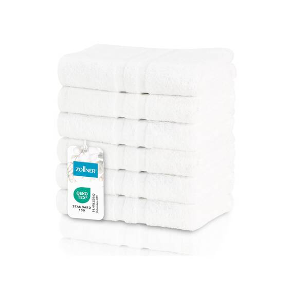 ZOLLNER 6er Set Handtücher in 50x70 cm - Flauschige Badetücher aus Baumwolle - mit moderner Streifenbordüre - waschbar bis 95°C - mit praktischem Aufhänger - in weiß - Hotelqualität