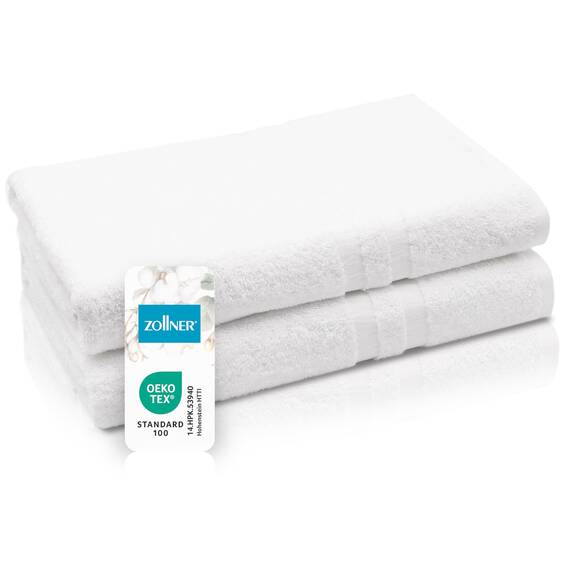 ZOLLNER 2er Set Duschtücher in 70x140 cm - Flauschige Badehandtücher aus Baumwolle - mit moderner Streifenbordüre - waschbar bis 95°C - mit praktischem Aufhänger - in weiß - Hotelqualität