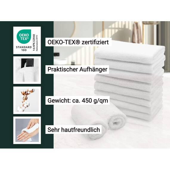 ZOLLNER 10er Set Seiftücher in 30x30 cm - saugstarke und Flauschige Waschlappen aus Baumwolle - waschbar bis 95°C - mit praktischem Aufhänger - in weiß - Hotelqualität