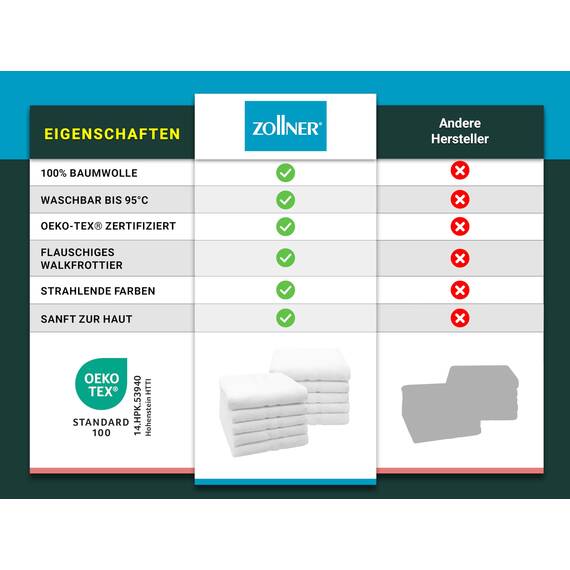 ZOLLNER 10er Set Handtücher in 50x100 cm - Flauschige Duschtücher aus Baumwolle - mit moderner Streifenbordüre - waschbar bis 95°C - mit praktischem Aufhänger - in weiß - Hotelqualität