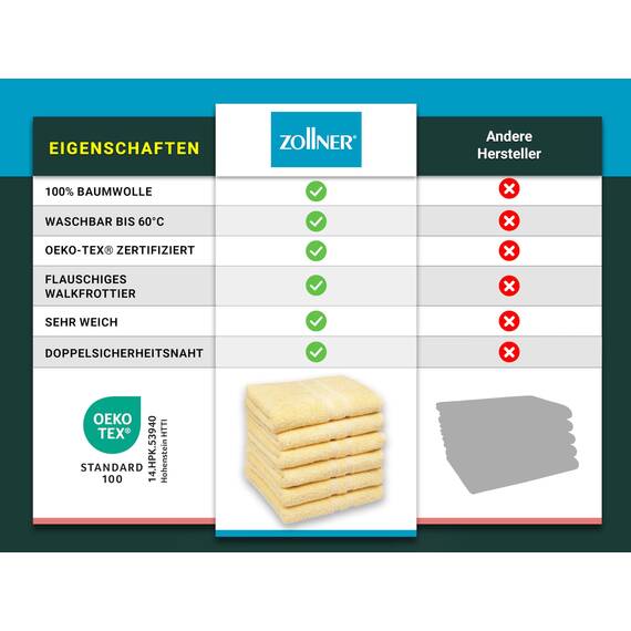 ZOLLNER 6er Set Handtücher in 50x100 cm - Flauschige Badetücher aus Baumwolle - mit moderner Streifenbordüre - bis 60°C waschbar - mit praktischem Aufhänger - in gelb - Hotelqualität