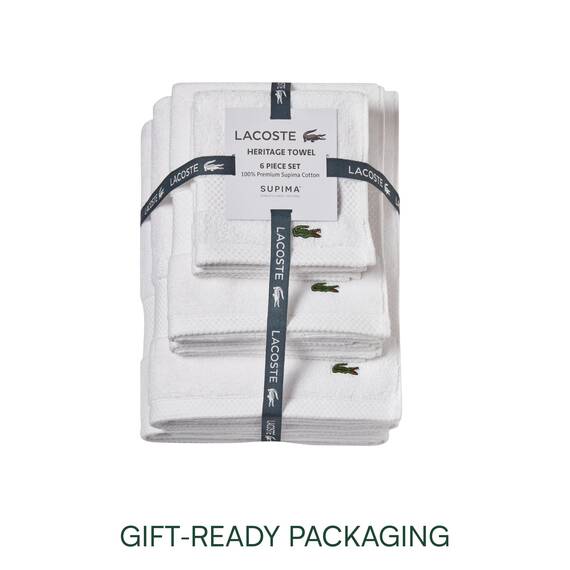 Lacoste Heritage Supima Cotton Handtuch-Set, 6-teilig, 2 Badetücher, 2 Handtücher, 2 Waschlappen, Weiß - sehr saugfähig & schnell trocknend, Badezimmer-Essential, maschinenwaschbar