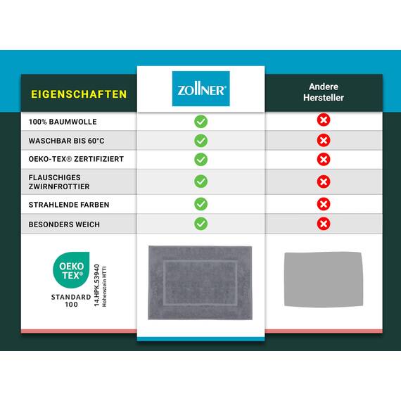 ZOLLNER 2er Set Badematten in 50x70 cm - saugstarke und Flauschige Badvorleger aus Baumwolle - bis 60°C waschbar - für Fußbodenheizung geeignet - in grau - Hotelqualität