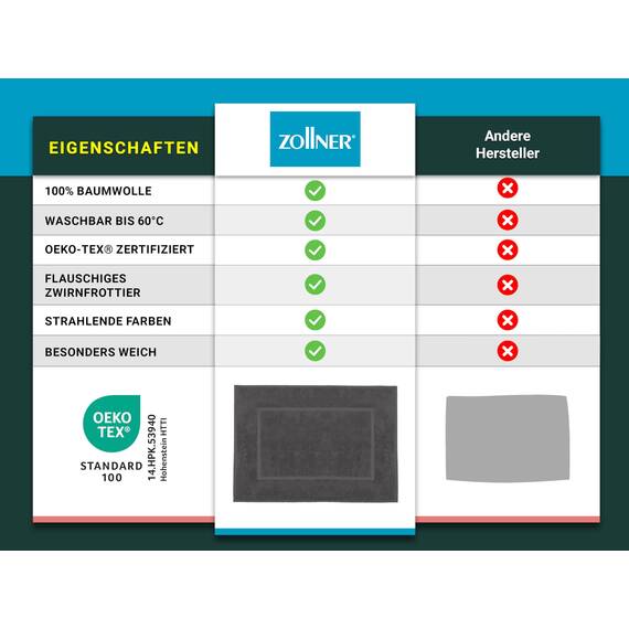 ZOLLNER 2er Set Badematten in 50x70 cm - saugstarke und Flauschige Badvorleger aus Baumwolle - bis 60°C waschbar - für Fußbodenheizung geeignet - in Graphit - Hotelqualität