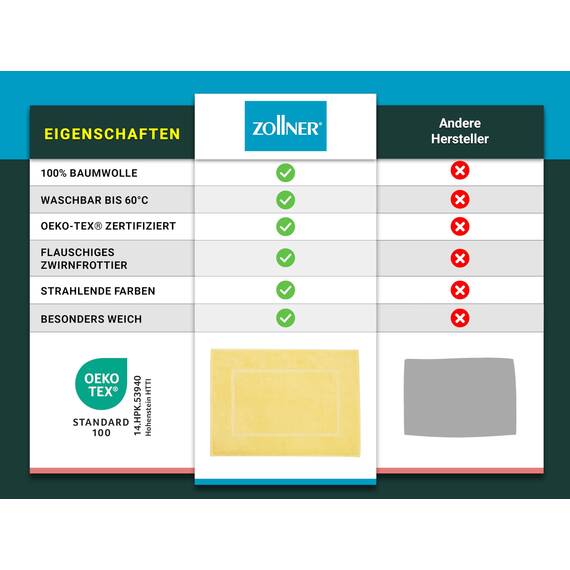 ZOLLNER 2er Set Badematten in 50x70 cm - saugstarke und Flauschige Badvorleger aus Baumwolle - bis 60°C waschbar - für Fußbodenheizung geeignet - in gelb - Hotelqualität