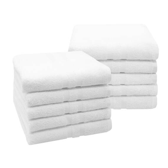 ZOLLNER 10er Set Handtücher in 50x100 cm - Flauschige Duschtücher aus Baumwolle - mit moderner Streifenbordüre - waschbar bis 95°C - mit praktischem Aufhänger - in weiß - Hotelqualität