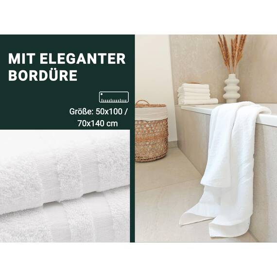ZOLLNER 6tlg. Handtuch Set 4X Handtücher (ca. 50x100 cm) und 2X Duschtücher (ca. 70x140 cm) - aus Baumwolle - mit moderner Streifenbordüre - waschbar bis 95°C - mit praktischem Aufhänger - in weiß