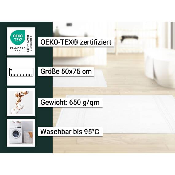 ZOLLNER 2er Set Badematten in 50x70 cm - saugstarke und Flauschige Badvorleger aus Baumwolle - bis 60°C waschbar - für Fußbodenheizung geeignet - in weiß - Hotelqualität