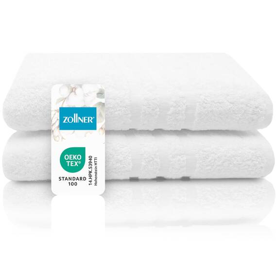 ZOLLNER 2er Set Badehandtücher in 100x150 cm - Flauschige Badetücher aus Baumwolle - mit moderner Streifenbordüre - waschbar bis 95°C - mit praktischem Aufhänger - in weiß - Hotelqualität