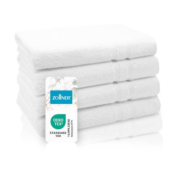 ZOLLNER 4er Set Duschhandtücher in 70x140 cm - Flauschige Duschtücher aus Baumwolle - mit moderner Streifenbordüre - waschbar bis 95°C - mit praktischem Aufhänger - in weiß- Hotelqualität