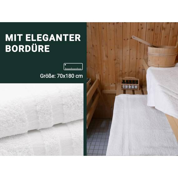 ZOLLNER 2er Set Saunatücher in 70x180 cm - Flauschige Handtücher aus Baumwolle - mit moderner Streifenbordüre - waschbar bis 95°C - mit praktischem Aufhänger - in weiß - Hotelqualität