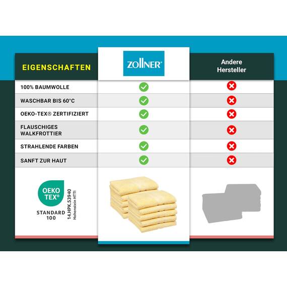 ZOLLNER 10er Set Handtücher in 50x100 cm - Flauschige Duschtücher aus Baumwolle - mit moderner Streifenbordüre - bis 60°C waschbar - mit praktischem Aufhänger - in gelb - Hotelqualität
