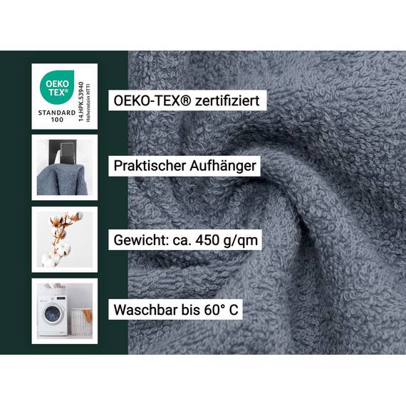 ZOLLNER 10er Set Handtücher in 50x100 cm - Flauschige Duschtücher aus Baumwolle - mit moderner Streifenbordüre - bis 60°C waschbar - mit praktischem Aufhänger - in grau - Hotelqualität