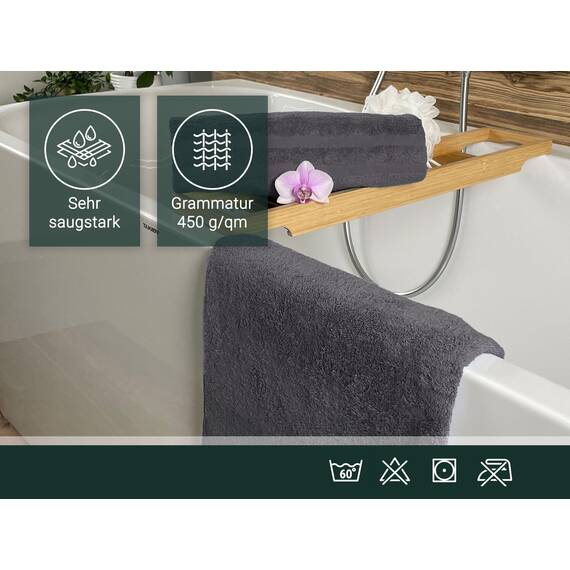 ZOLLNER 5er Set Duschtücher in 70x140 cm - Flauschige Badehandtücher aus Baumwolle - mit moderner Streifenbordüre - bis 60°C waschbar - mit praktischem Aufhänger - in Graphit - Hotelqualität