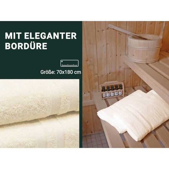 ZOLLNER 2er Set Saunatücher in 70x180 cm - Flauschige Handtücher aus Baumwolle - mit moderner Streifenbordüre - bis 60°C waschbar - mit praktischem Aufhänger - in beige - Hotelqualität