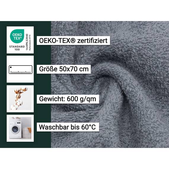 ZOLLNER 2er Set Badematten in 50x70 cm - saugstarke und Flauschige Badvorleger aus Baumwolle - bis 60°C waschbar - für Fußbodenheizung geeignet - in grau - Hotelqualität