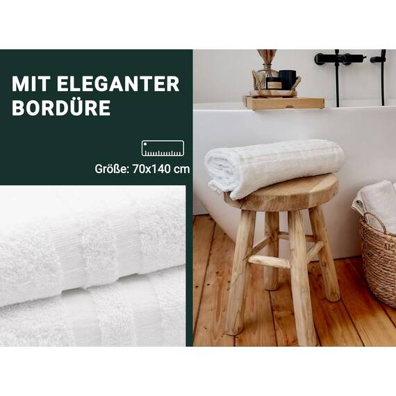 ZOLLNER 4er Set Duschhandtücher in 70x140 cm - Flauschige Duschtücher aus Baumwolle - mit moderner Streifenbordüre - waschbar bis 95°C - mit praktischem Aufhänger - in weiß- Hotelqualität