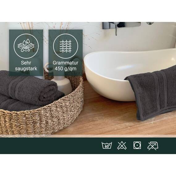 ZOLLNER 10er Set Handtücher in 50x100 cm - Flauschige Duschtücher aus Baumwolle - mit moderner Streifenbordüre - bis 60°C waschbar - mit praktischem Aufhänger - in Graphit - Hotelqualität