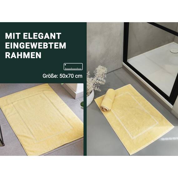 ZOLLNER 2er Set Badematten in 50x70 cm - saugstarke und Flauschige Badvorleger aus Baumwolle - bis 60°C waschbar - für Fußbodenheizung geeignet - in gelb - Hotelqualität