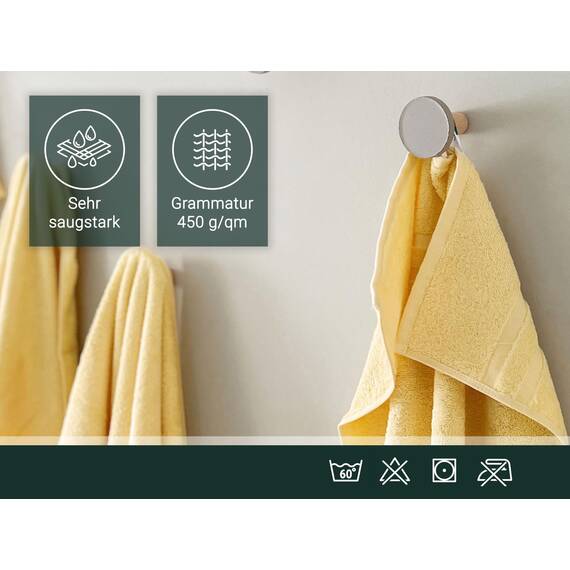 ZOLLNER 10er Set Handtücher in 50x100 cm - Flauschige Duschtücher aus Baumwolle - mit moderner Streifenbordüre - bis 60°C waschbar - mit praktischem Aufhänger - in gelb - Hotelqualität