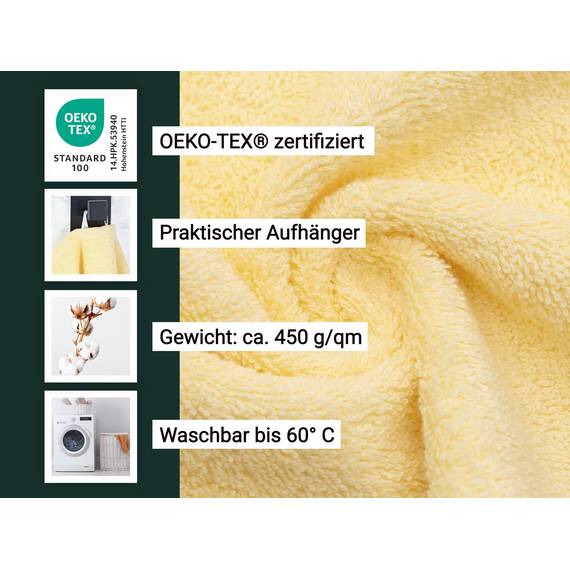 ZOLLNER 5er Set Duschtücher in 70x140 cm - Flauschige Badehandtücher aus Baumwolle - mit moderner Streifenbordüre - bis 60°C waschbar - mit praktischem Aufhänger - in gelb - Hotelqualität