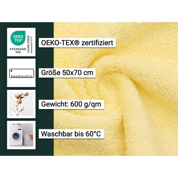 ZOLLNER 2er Set Badematten in 50x70 cm - saugstarke und Flauschige Badvorleger aus Baumwolle - bis 60°C waschbar - für Fußbodenheizung geeignet - in gelb - Hotelqualität