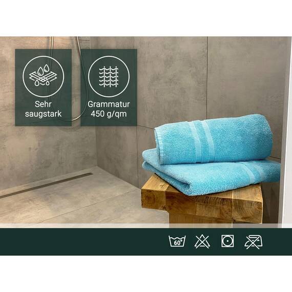 ZOLLNER 5er Set Duschtücher in 70x140 cm - Flauschige Badehandtücher aus Baumwolle - mit moderner Streifenbordüre - bis 60°C waschbar - mit praktischem Aufhänger - in blau - Hotelqualität