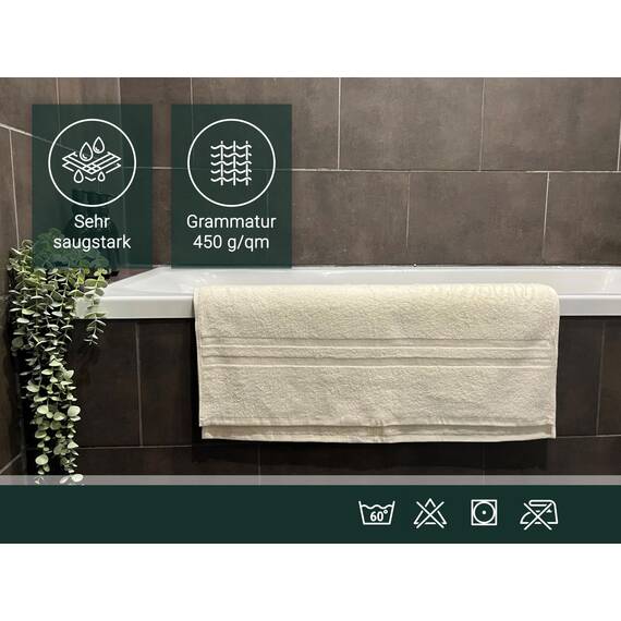 ZOLLNER 2er Set Saunatücher in 70x180 cm - Flauschige Handtücher aus Baumwolle - mit moderner Streifenbordüre - bis 60°C waschbar - mit praktischem Aufhänger - in beige - Hotelqualität