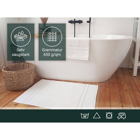 ZOLLNER 2er Set Badematten in 50x70 cm - saugstarke und Flauschige Badvorleger aus Baumwolle - bis 60°C waschbar - für Fußbodenheizung geeignet - in weiß - Hotelqualität