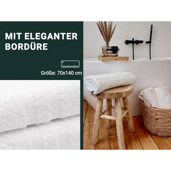 ZOLLNER 2er Set Duschtücher in 70x140 cm - Flauschige Badehandtücher aus Baumwolle - mit moderner Streifenbordüre - waschbar bis 95°C - mit praktischem Aufhänger - in weiß - Hotelqualität