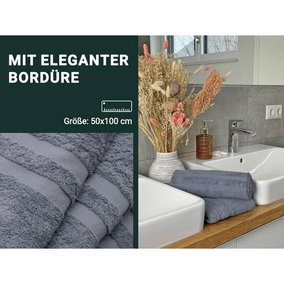 ZOLLNER 10er Set Handtücher in 50x100 cm - Flauschige Duschtücher aus Baumwolle - mit moderner Streifenbordüre - bis 60°C waschbar - mit praktischem Aufhänger - in grau - Hotelqualität