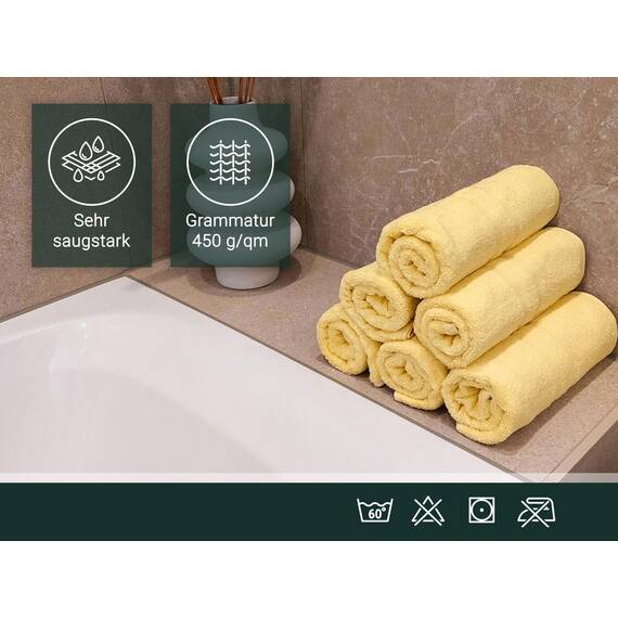 ZOLLNER 6er Set Handtücher in 50x100 cm - Flauschige Badetücher aus Baumwolle - mit moderner Streifenbordüre - bis 60°C waschbar - mit praktischem Aufhänger - in gelb - Hotelqualität