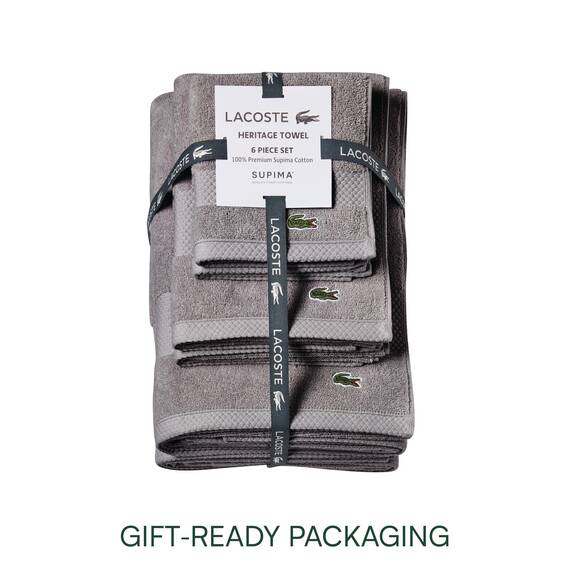 Lacoste Heritage Supima Cotton 6-teiliges Handtuch-Set, 2 Badetücher, 2 Handtücher, 2 Waschlappen, Meteorit - Hochsaugfähig & schnell trocknend, Badezimmer-Essential, maschinenwaschbar