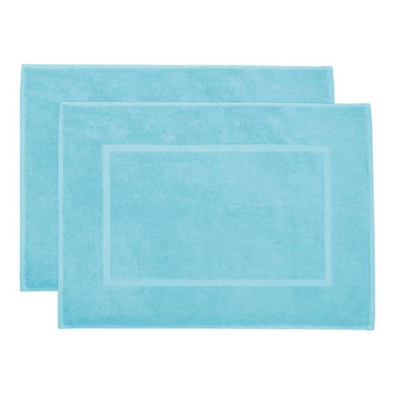 ZOLLNER 2er Set Badematten in 50x70 cm - saugstarke und Flauschige Badvorleger aus Baumwolle - bis 60°C waschbar - für Fußbodenheizung geeignet - in blau - Hotelqualität