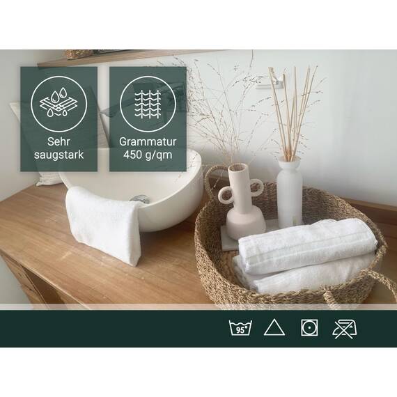 ZOLLNER 6er Set Handtücher in 50x70 cm - Flauschige Badetücher aus Baumwolle - mit moderner Streifenbordüre - waschbar bis 95°C - mit praktischem Aufhänger - in weiß - Hotelqualität