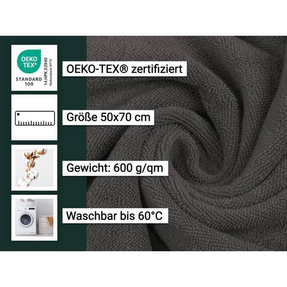 ZOLLNER 2er Set Badematten in 50x70 cm - saugstarke und Flauschige Badvorleger aus Baumwolle - bis 60°C waschbar - für Fußbodenheizung geeignet - in Graphit - Hotelqualität