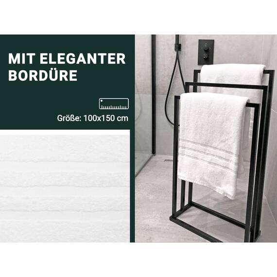 ZOLLNER 2er Set Badehandtücher in 100x150 cm - Flauschige Badetücher aus Baumwolle - mit moderner Streifenbordüre - waschbar bis 95°C - mit praktischem Aufhänger - in weiß - Hotelqualität