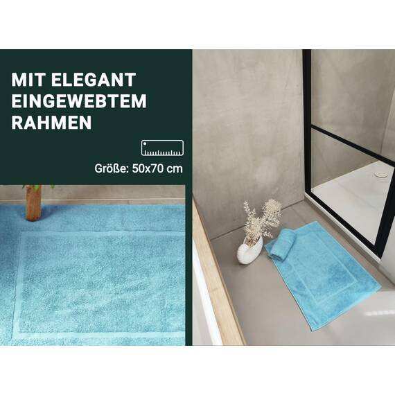 ZOLLNER 2er Set Badematten in 50x70 cm - saugstarke und Flauschige Badvorleger aus Baumwolle - bis 60°C waschbar - für Fußbodenheizung geeignet - in blau - Hotelqualität