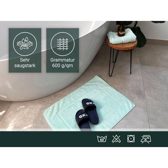ZOLLNER 2er Set Badematten in 50x70 cm - saugstarke und Flauschige Badvorleger aus Baumwolle - bis 60°C waschbar - für Fußbodenheizung geeignet - in Mint - Hotelqualität