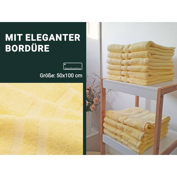 ZOLLNER 10er Set Handtücher in 50x100 cm - Flauschige Duschtücher aus Baumwolle - mit moderner Streifenbordüre - bis 60°C waschbar - mit praktischem Aufhänger - in gelb - Hotelqualität