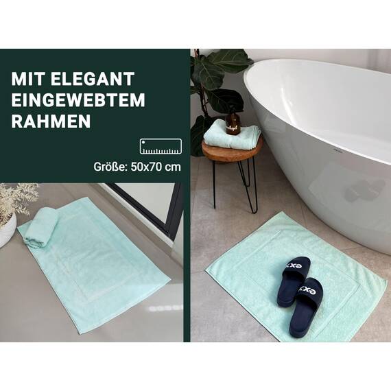 ZOLLNER 2er Set Badematten in 50x70 cm - saugstarke und Flauschige Badvorleger aus Baumwolle - bis 60°C waschbar - für Fußbodenheizung geeignet - in Mint - Hotelqualität