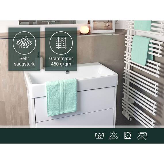 ZOLLNER 10er Set Handtücher in 50x100 cm - Flauschige Duschtücher aus Baumwolle - mit moderner Streifenbordüre - bis 60°C waschbar - mit praktischem Aufhänger - in Mint - Hotelqualität